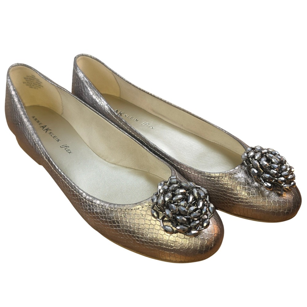 Anne Klein iflex AK7 Prissisa Womens 10 Metallic Pewter Snake Print PomPom Heel